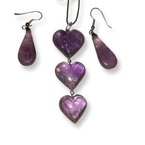 Southwestern Liquid Silver 3 Heart Amethyst Necklace Tear Drop Amethyst Earrings